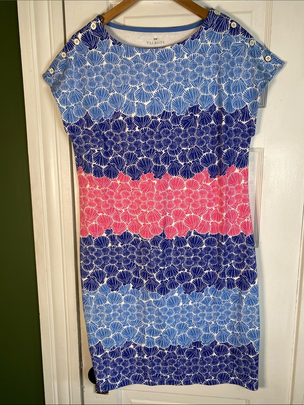 Talbots women’s  Blue, Navy & Pink shell costal Stripe Shift Dress size large